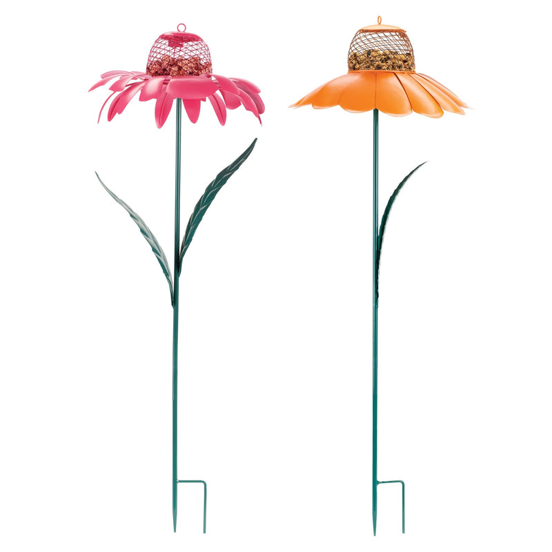 Iron Metal Flower Stake with Bird Feeder Insert (Set of 2)