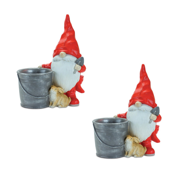 Melrose Raincoat Garden Gnome Statue with Bucket Planter (Set of 2)