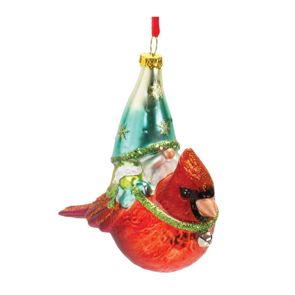 Glass Gnome and Cardinal Bird Ornament (Set of 6)