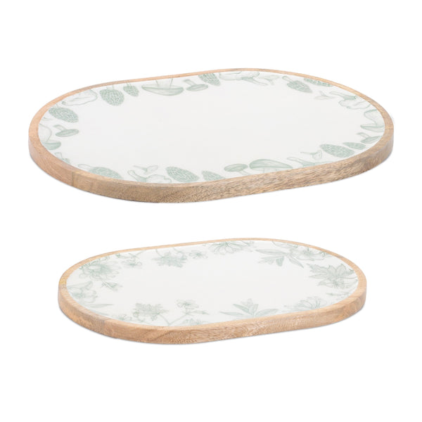 Melrose Wood Mushroom and Floral Print Tray (Set of 2)