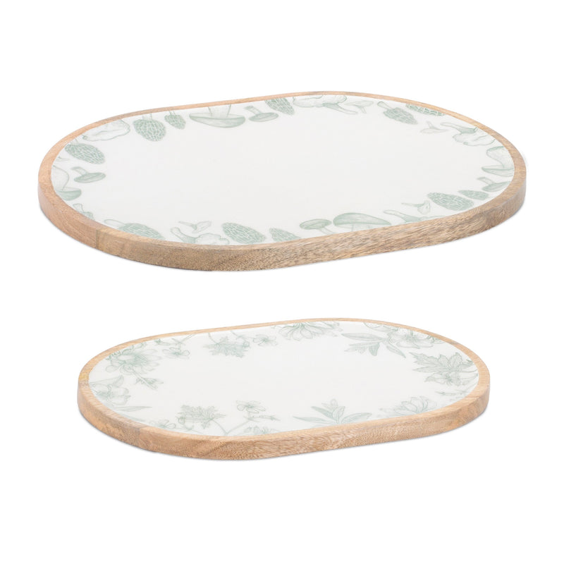 Melrose Wood Mushroom and Floral Print Tray (Set of 2)