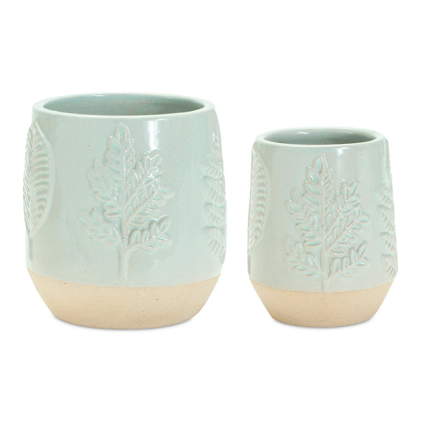 Melrose Two-Tone Porcealin Planter with Leaf Design Set of 2 Planter, Porcelain