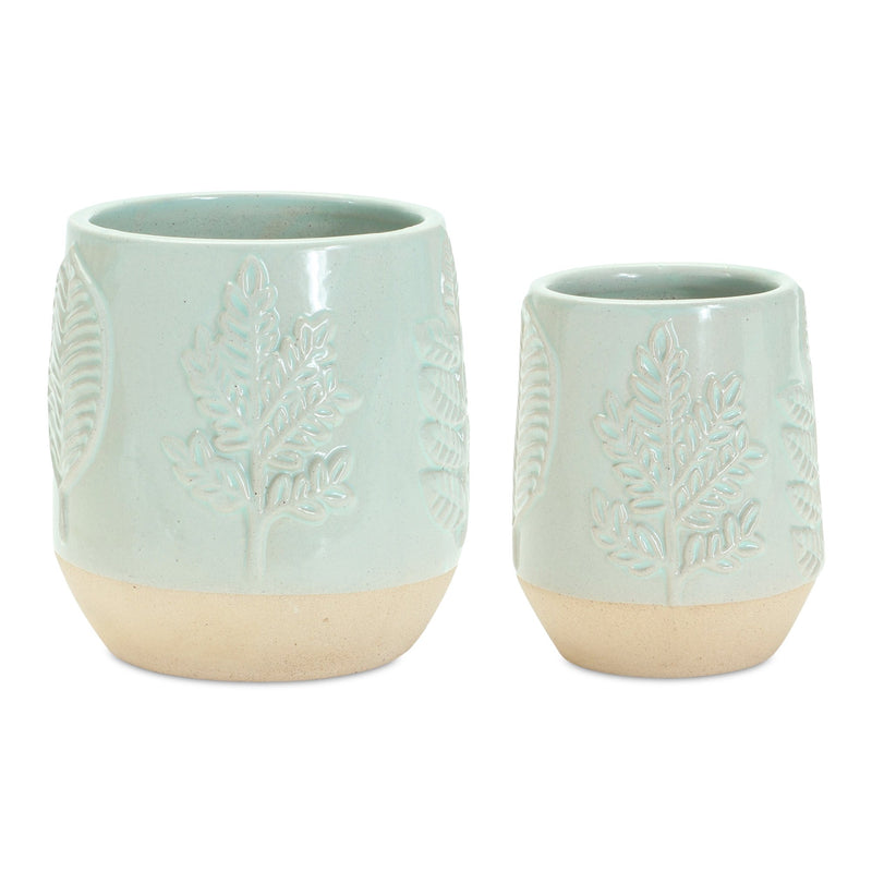 Melrose Two-Tone Porcealin Planter with Leaf Design Set of 2 Planter, Porcelain