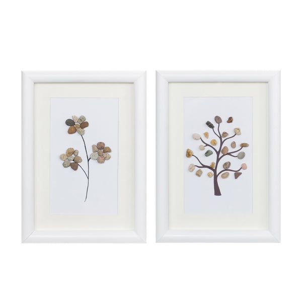 Melrose Framed Tree and Floral Pebble Art Wall Decor, Modern, Rustic