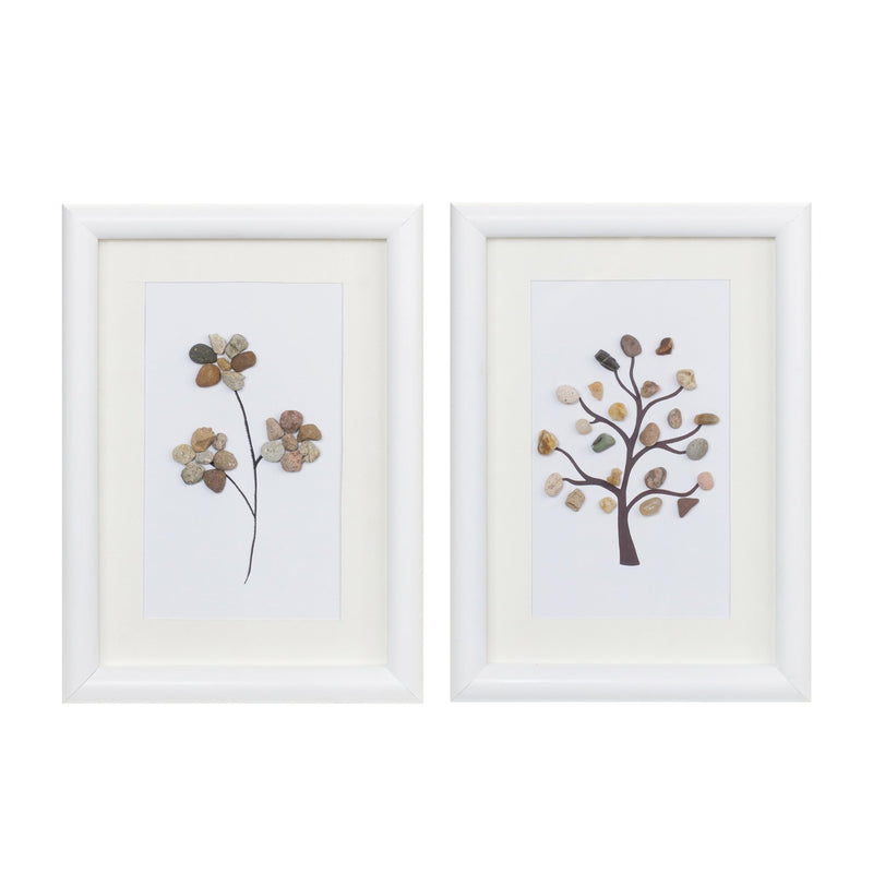 Melrose Framed Tree and Floral Pebble Art Wall Decor, Modern, Rustic