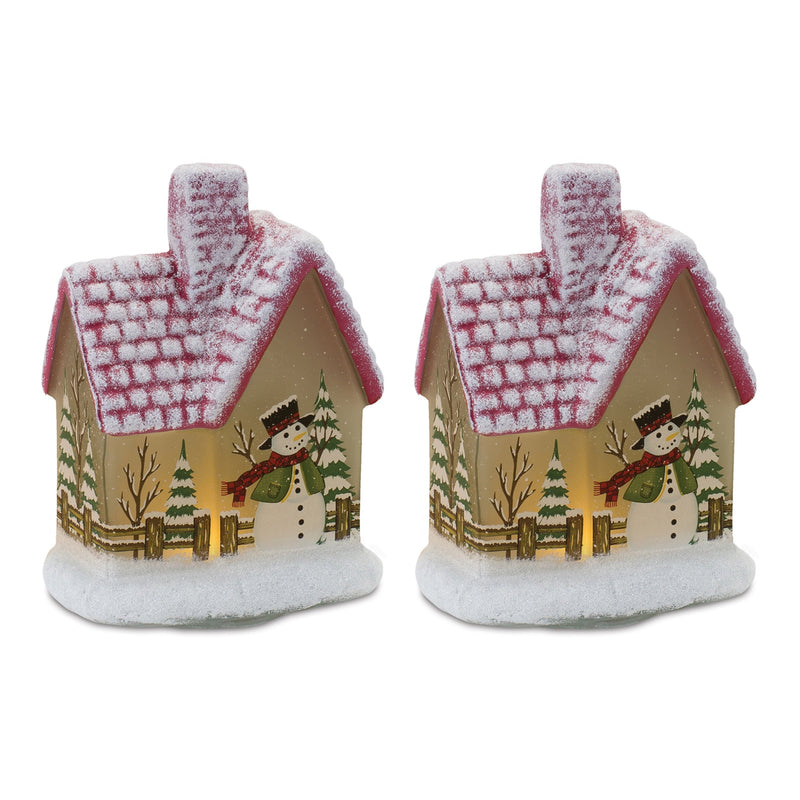Melrose LED Lighted House with Snowman (Set of 2)