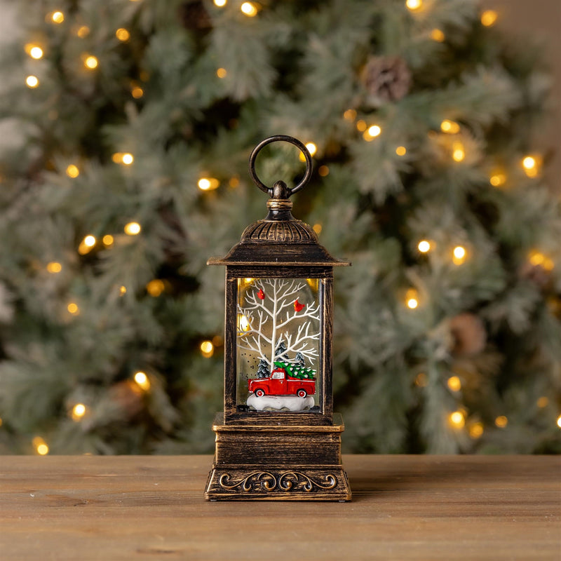 Melrose LED Snow Globe Lantern with Truck and Forest Scene 10.25"H