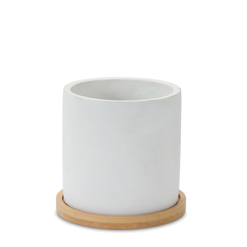 Melrose White Stone Planter with Wood Plate Set of 2 Planter
