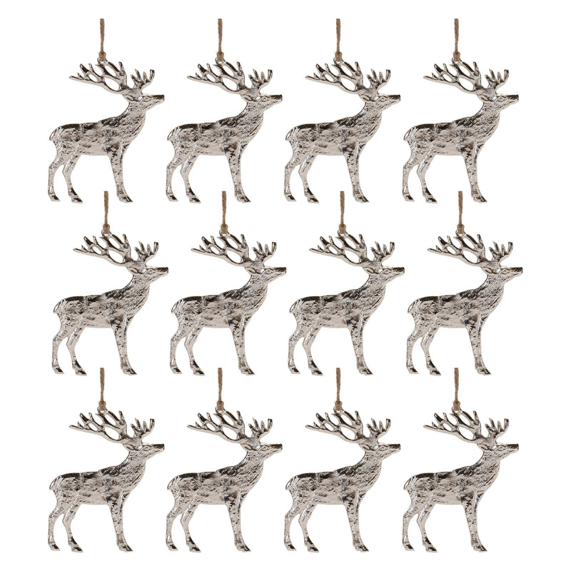 Melrose Rustic Silver Metal Deer Ornament (Set of 12)