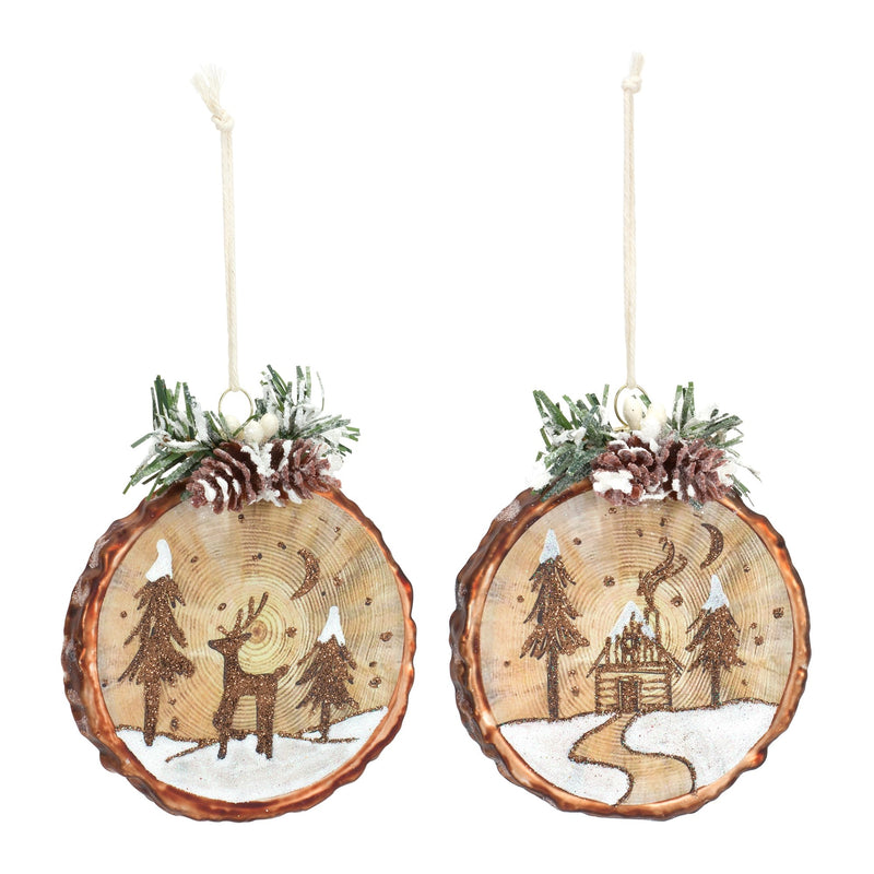 Glass Tree Disc Ornament with Etched Cabin and Woodland Design (Set of 6)