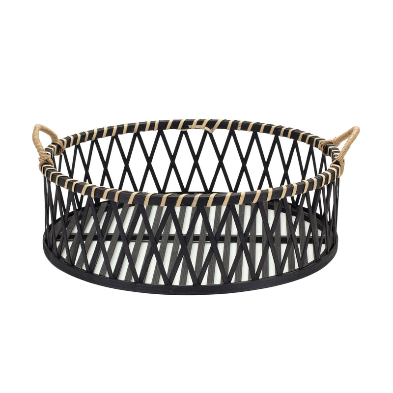 Melrose Round Woven Bamboo Trays with Rattan Handle Accent (Set of 2)