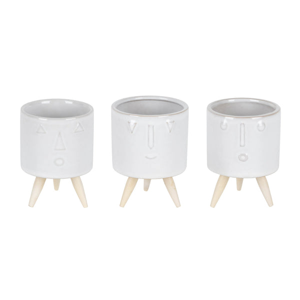 Melrose Porcelain Face Planter with Wooden Legs Set of 3 Planter, Face