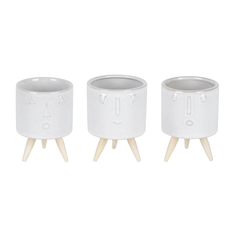 Melrose Porcelain Face Planter with Wooden Legs Set of 3 Planter, Face