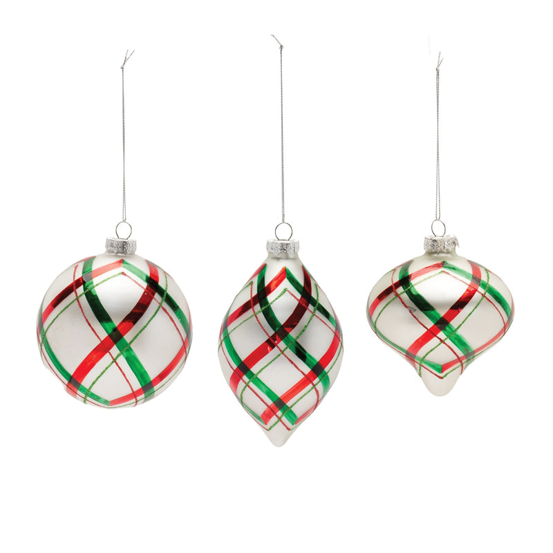 Plaid Glittered Glass Ornament (Set of 6)