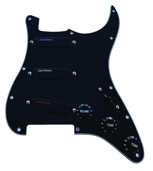 Lace Sensor Blue/Silver/Red SSS Loaded Pickguard – 3-Ply Black