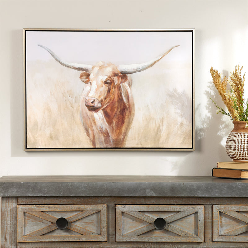 Melrose Framed Long Horn Cattle Wall Art 28"L, Modern, Rustic, Wood, Plastic