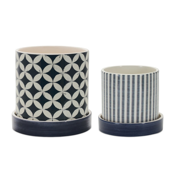Melrose Geometric Pattern Planter with Plate Set of 2 Planter, Dolomite