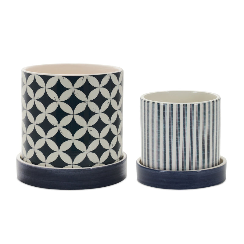 Melrose Geometric Pattern Planter with Plate Set of 2 Planter, Dolomite