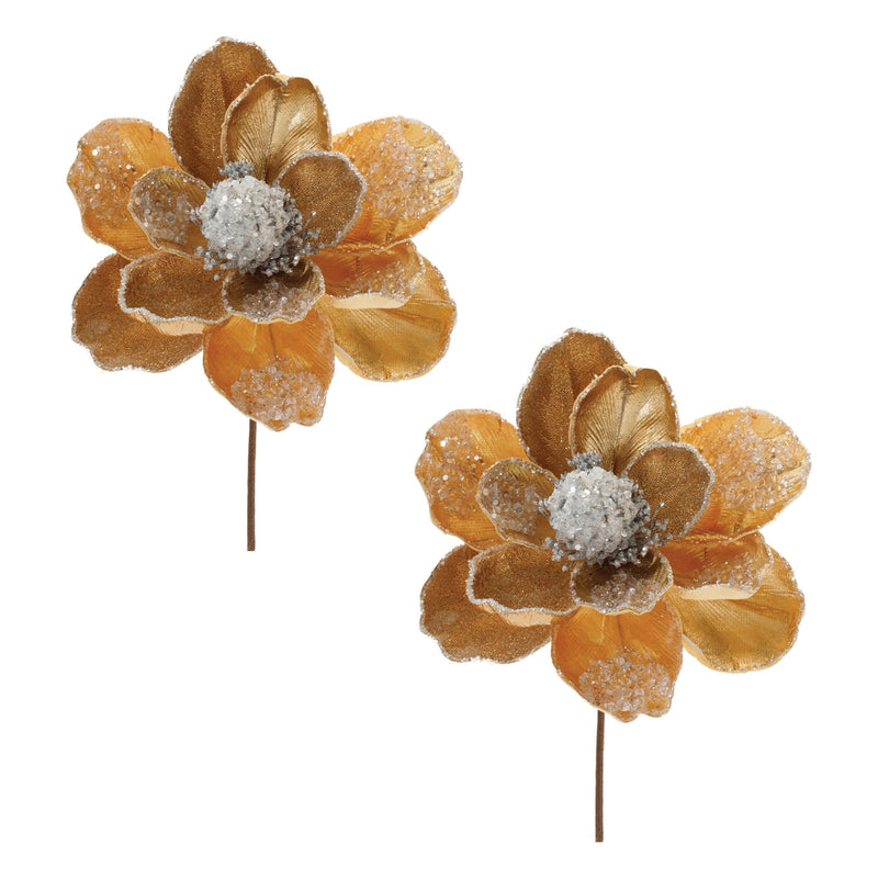 Melrose Beaded Gold Magnolia Flower Stem (Set of 2)