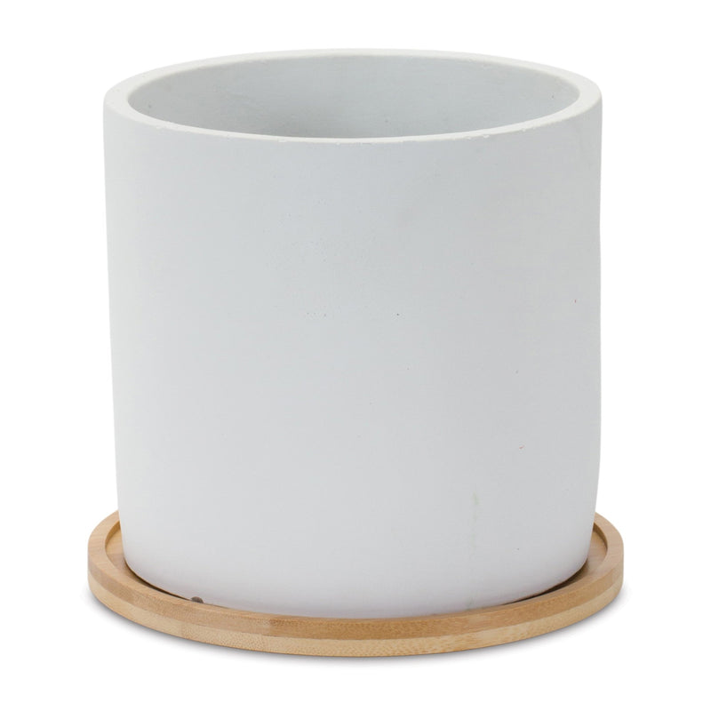 Melrose White Stone Planter with Wood Plate Set of 2 Planter
