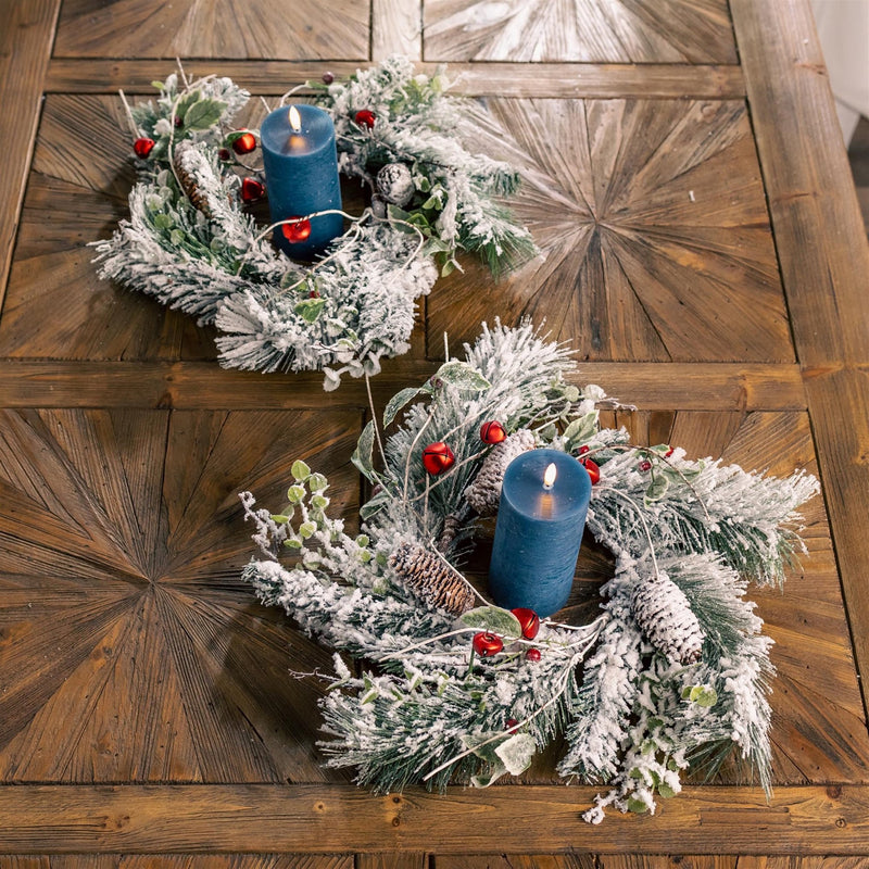 Melrose Flocked Pine Holly Sleigh Bell Candle Ring 18"D