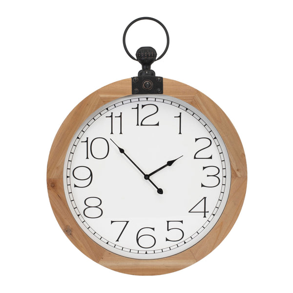 Melrose 31” Round Wood Under Glass Wall Clock, Rustic, Battery Operated, Analog