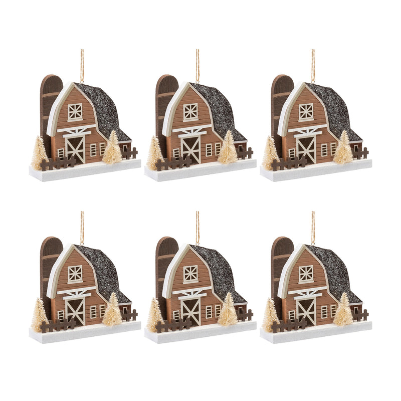 Melrose Glittered Barn Ornament (Set of 6)