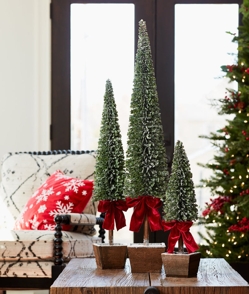 Melrose PVC Bottle Brush Design Pine Tree Decor with Bow (Set of 3)