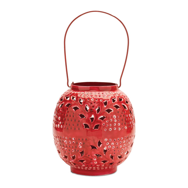 Melrose Punched Metal Candle Lantern 8"H Industrial Red