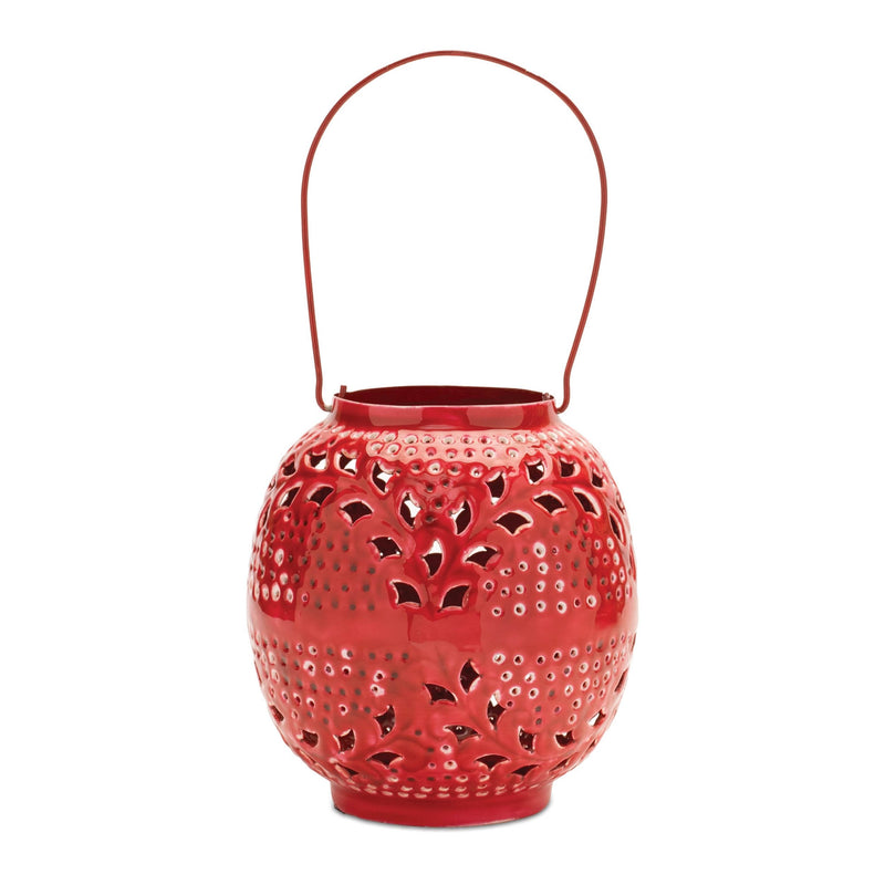 Melrose Punched Metal Candle Lantern 8"H Industrial Red