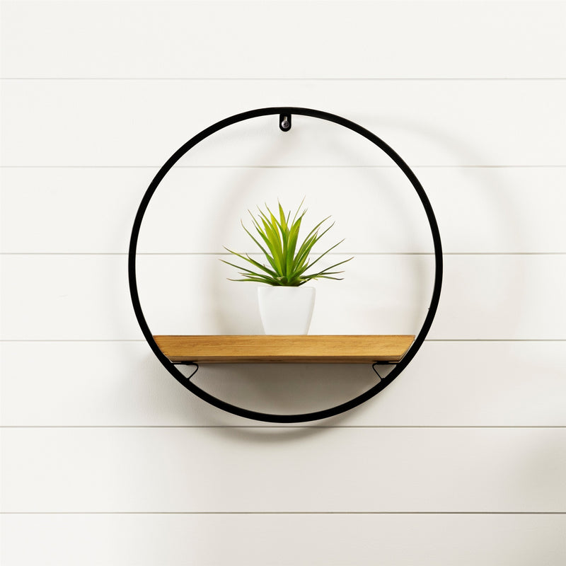 Melrose Wood Circle Shelf in Metal Frame 17.5"D Wall Decor, Modern, Wood, Metal