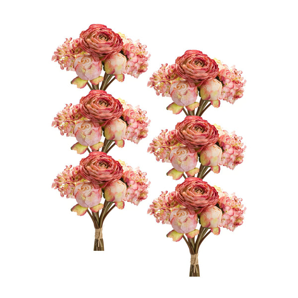 Melrose Coral Pink Peony and Hydrangea Flower Bouquet (Set of 6)