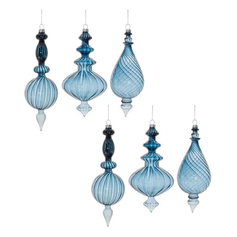 Melrose Blue Ribbed Glass Finial Drop Ornament (Set of 6)