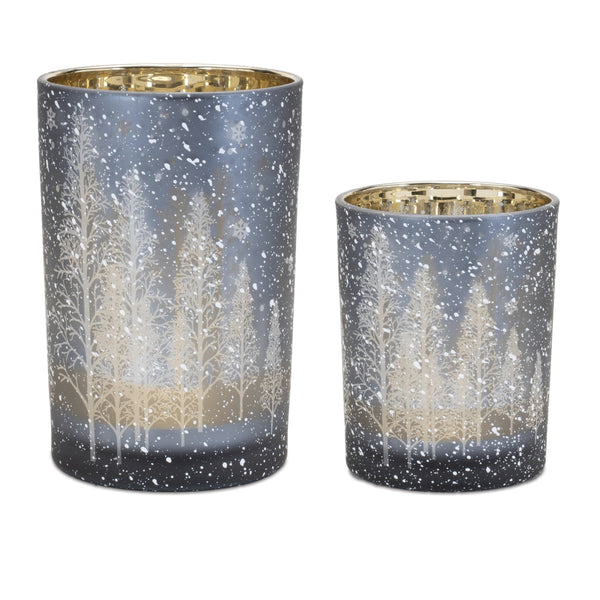 Melrose Navy Pine Tree Glass Candle Holder (Set of 2)