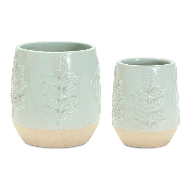 Melrose Two-Tone Porcealin Planter with Leaf Design Set of 2 Planter, Porcelain