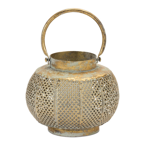 Melrose Distressed Punched Metal Lantern 7.5"D Rustic Copper  Green Decorative