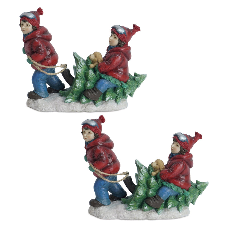Melrose Holiday Children With Tree and Dog Figurine (Set of 2)
