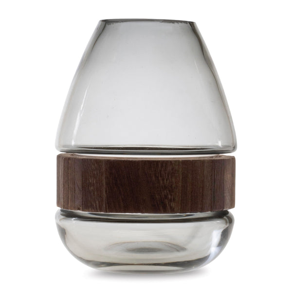 Melrose Grey Glass Vase with Natural Wood Accent 7.5"H