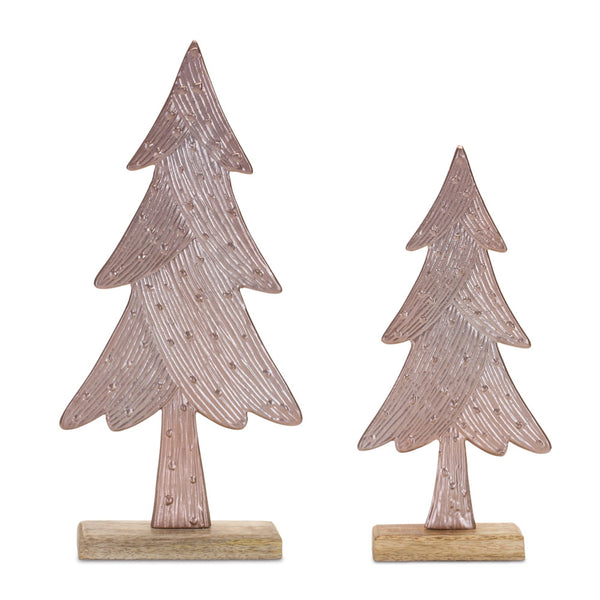 Melrose Etched Metal Pine Tree on Wood Base (Set of 2)