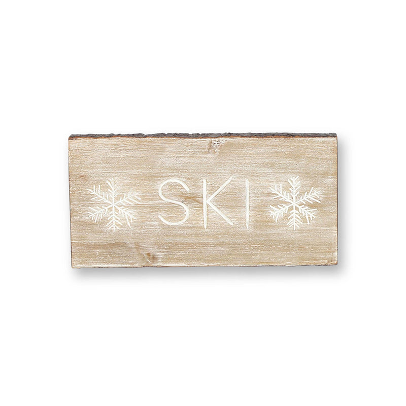 Melrose Wood Ski and Snow Sentiment Block with White Washed Design (Set of 2)