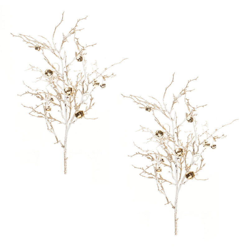 Melrose Flocked Sleigh Bell Twig Branch (Set of 2)