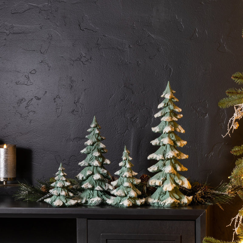 Melrose Flocked Seafoam Pine Tree with Carved Design (Set of 4)