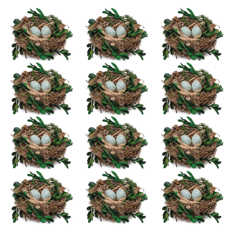 Melrose Twig Bird Nest with Eggs and Boxwood Foliage (Set of 12)
