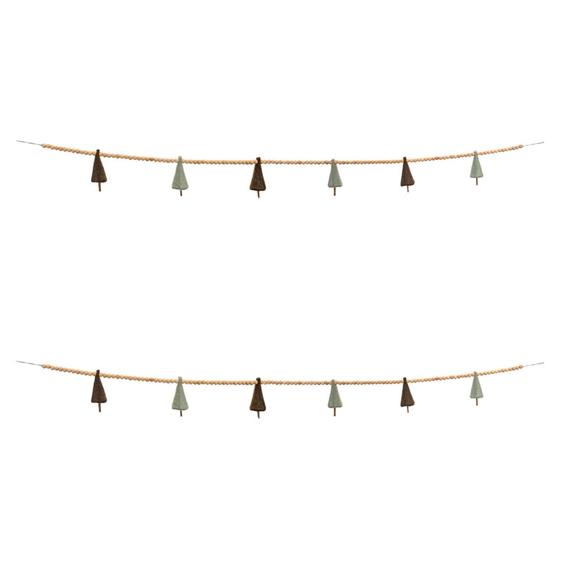 Melrose Wood Bead and Felt Pine Tree Garland (Set of 2)