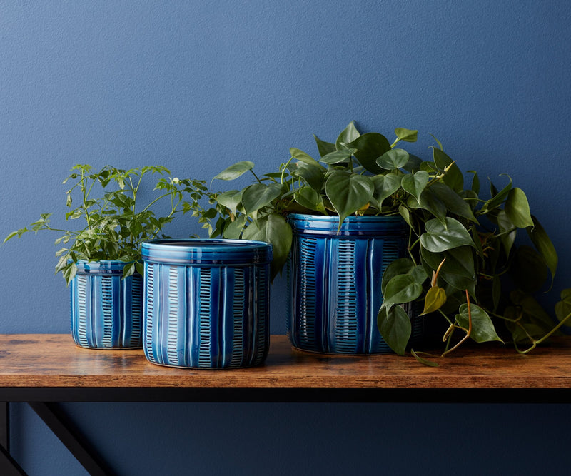 Melrose Blue Etched Terra Cotta Pot Planter Set of 3 Planter