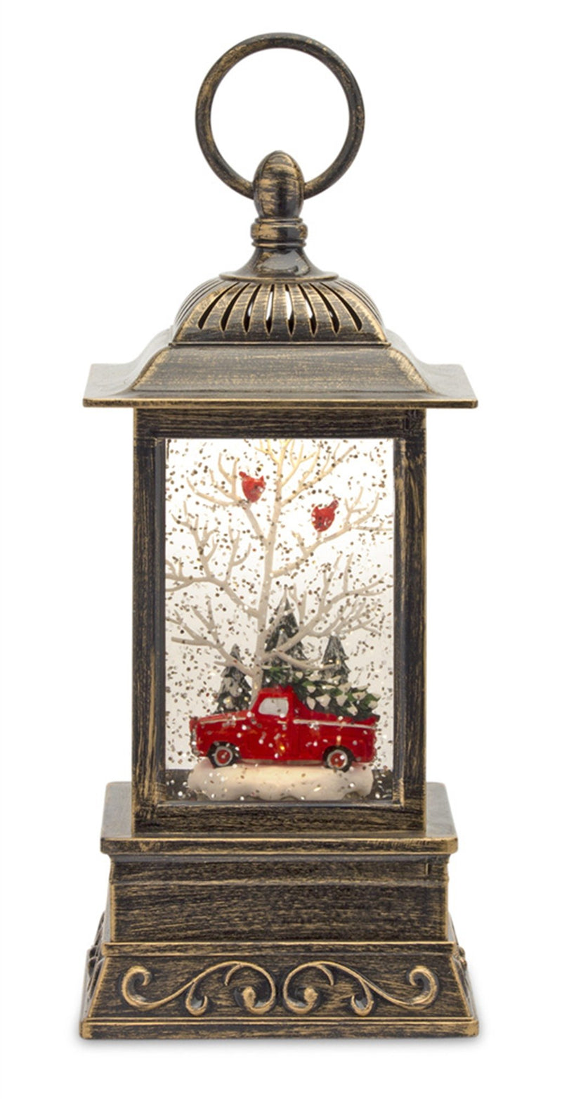 Melrose LED Snow Globe Lantern with Truck and Forest Scene 10.25"H