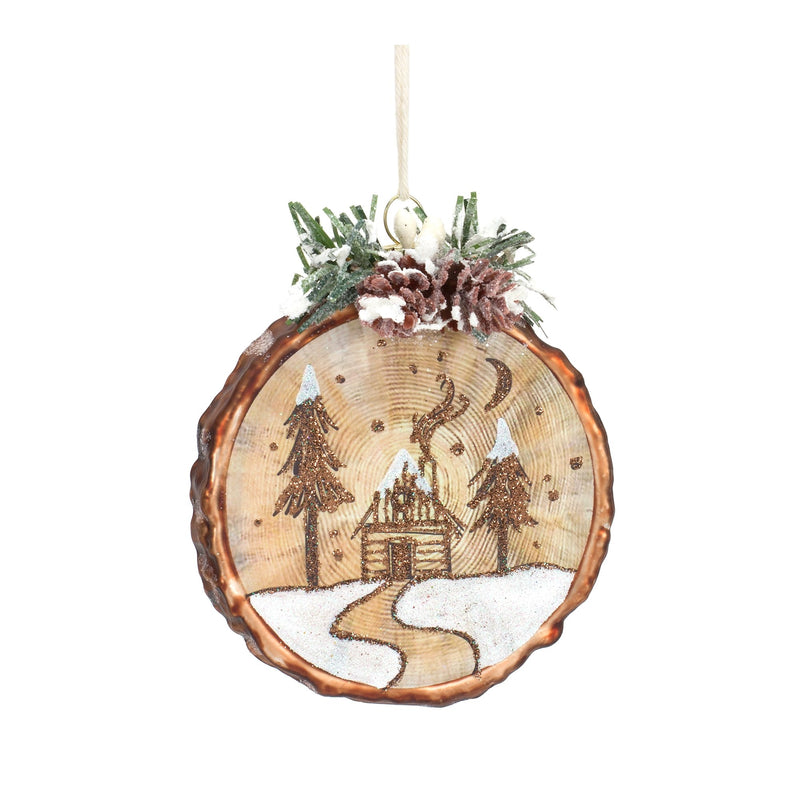 Glass Tree Disc Ornament with Etched Cabin and Woodland Design (Set of 6)