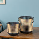 Melrose Punched Metal Candle Holder with Rattan Design (Set of 2)