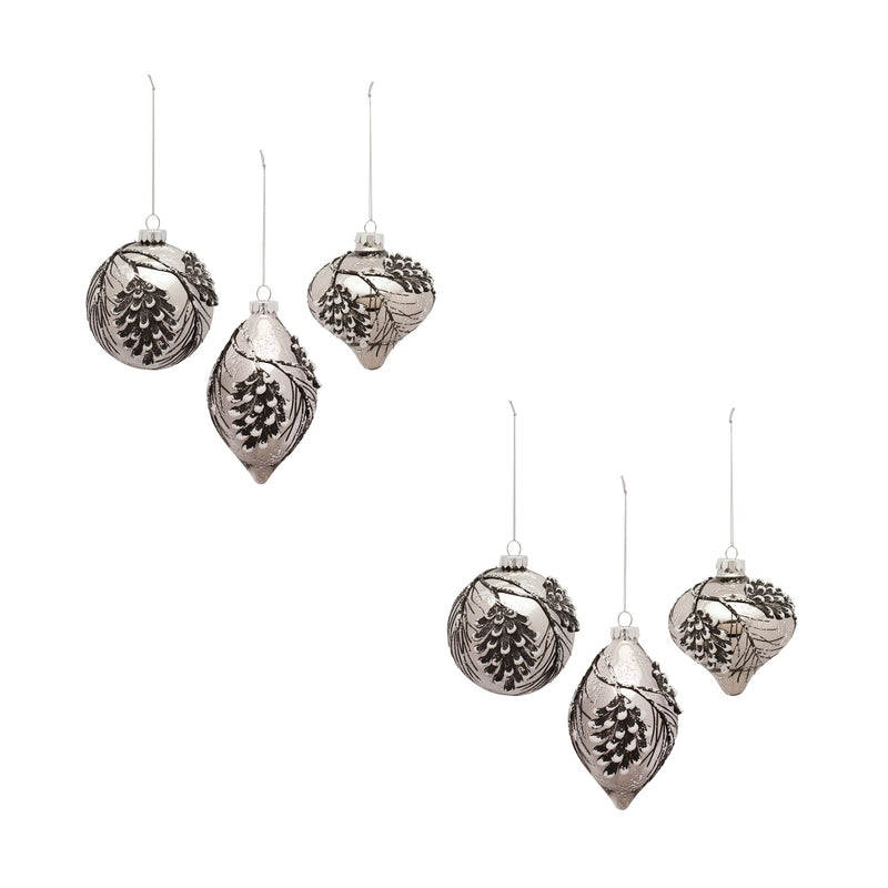 Silver Pine Cone Glass Ornament with Snowy Accent (Set of 6)