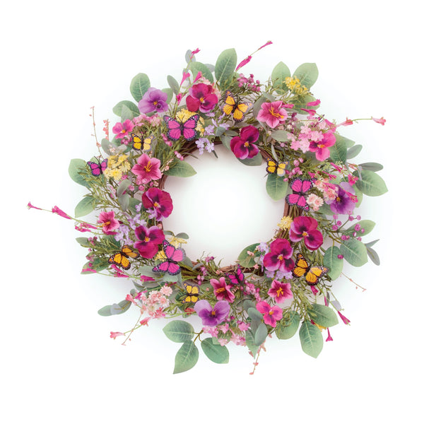 Melrose Mixed Pansy Foral and Butterfly Wreath 22"D